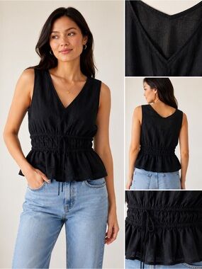 GAP Black V-Neck Smocked Peplum Tank Top